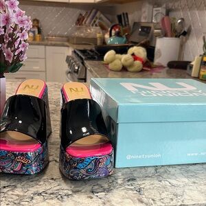 Nina Black and Pink Patterned Mules